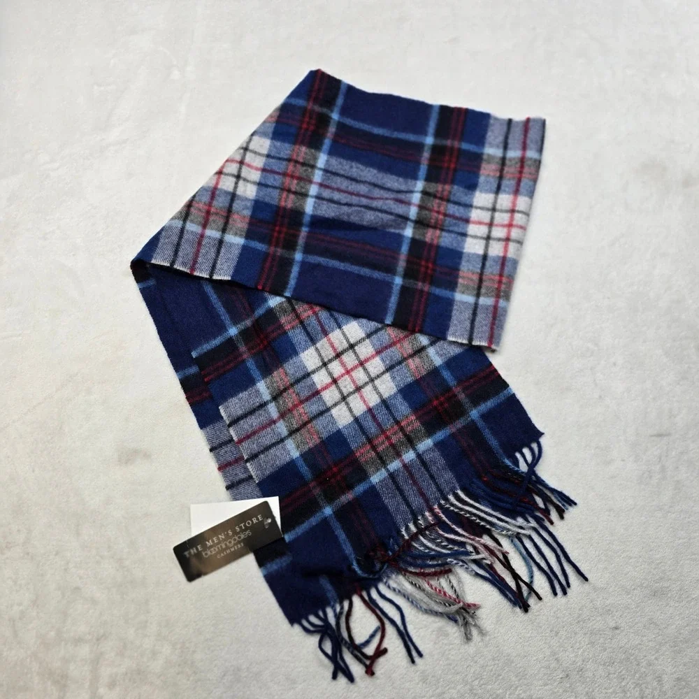 Bl@@mingdales The Mens Store Cashmere Scarf Mens OS Blue Fringe Tartan Plaid NEW